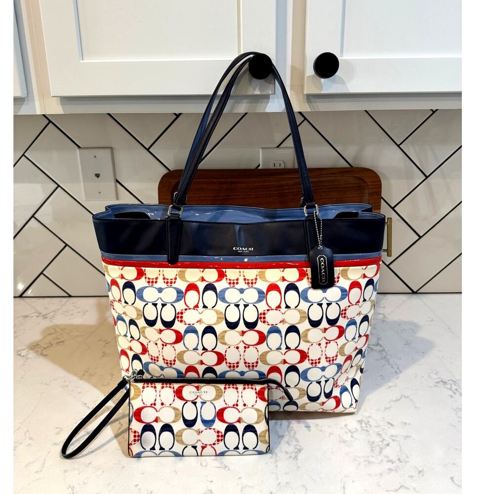 Coach Signature Coated Canvas Tote and wristlet 2014 red white blue "C" monogram